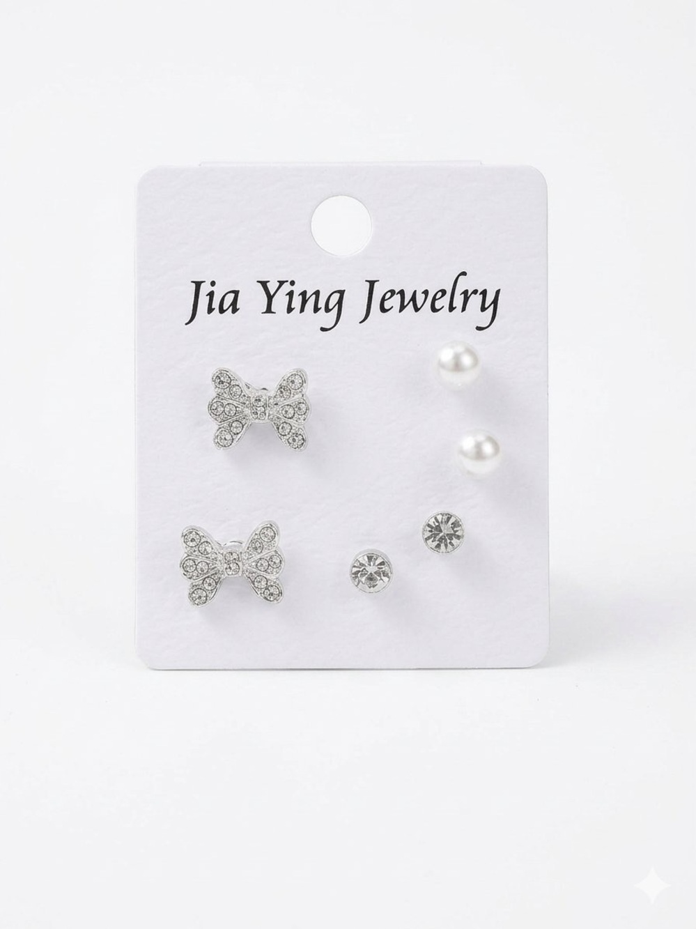 Fashion Jewelry Silver Bow, Pearl & Crystal Stud Earring Set